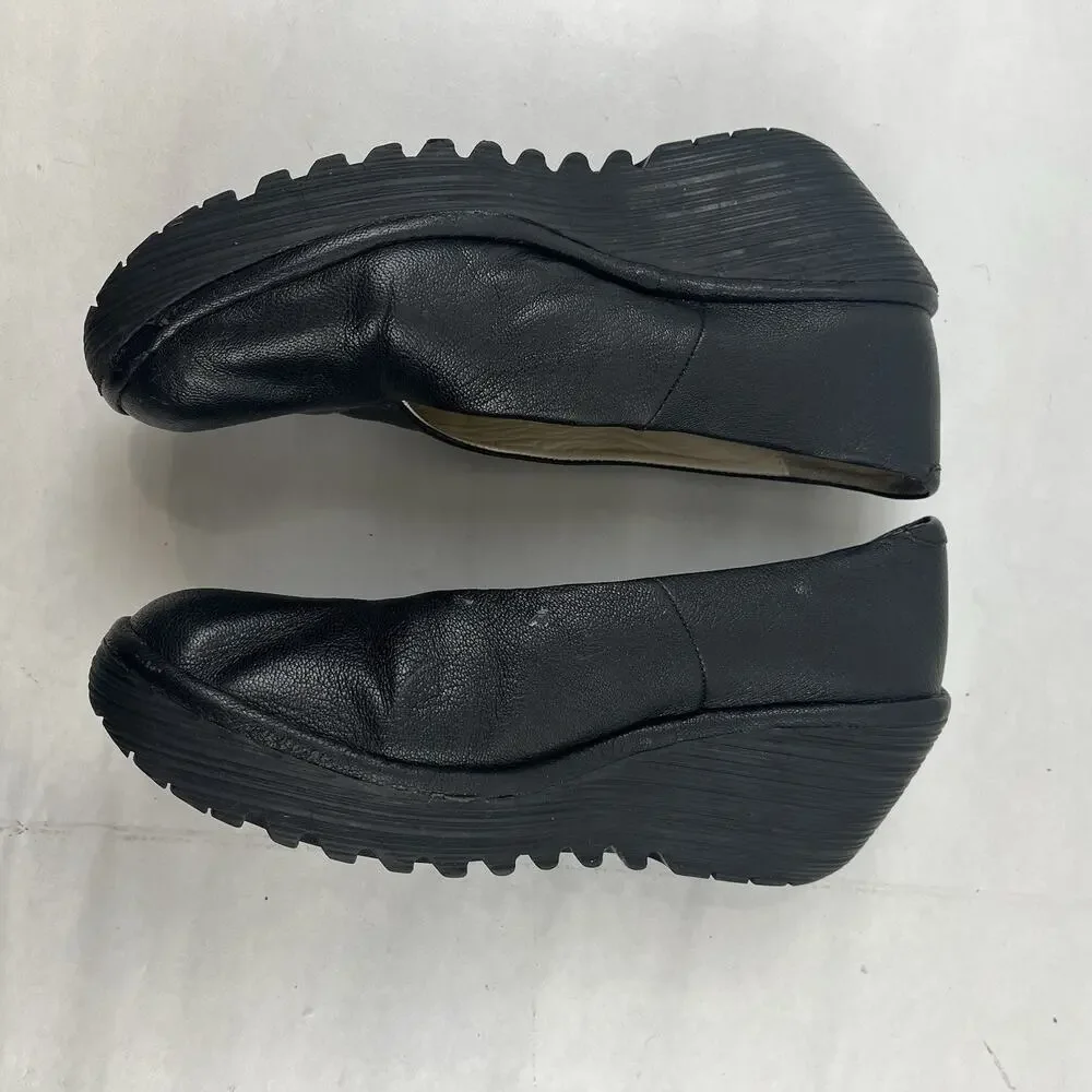 FLY London Yaz Black Leather Wedge Pumps Slip On EU 41 US 10 Made Portugal